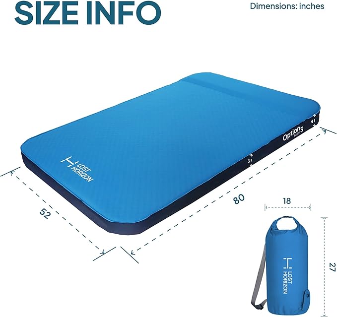 LOSTHORIZON Air & Foam Camping Mattress, Self-Inflating Sleeping Pad, 3" Thick, with Pump Sack, Full
