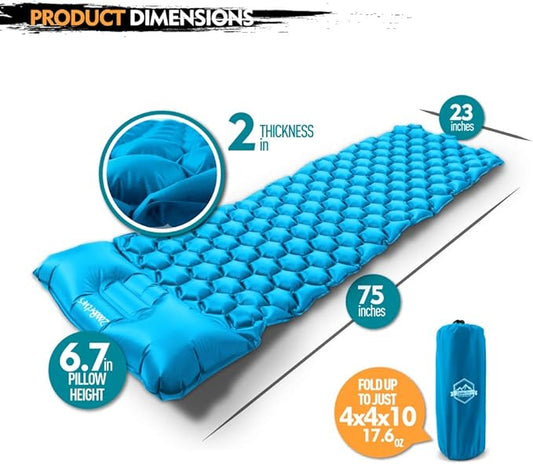ZOOOBELIVES Ultralight Sleeping Pad with Pillow– Inflatable Camping Mat for Backpacking, Traveling and Hiking, Compact and Portable Multiple Color Options