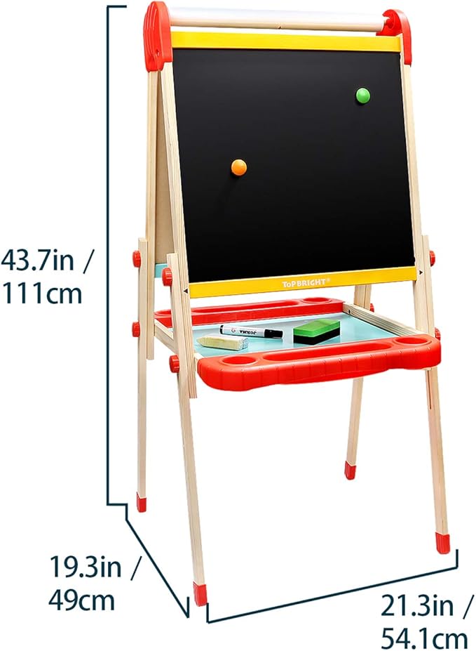 TOP BRIGHT Wooden Art Easel for Kids, Toddler Easel Adjustable with Painting Whiteboard, Child Easel with Magnetic Blackboard