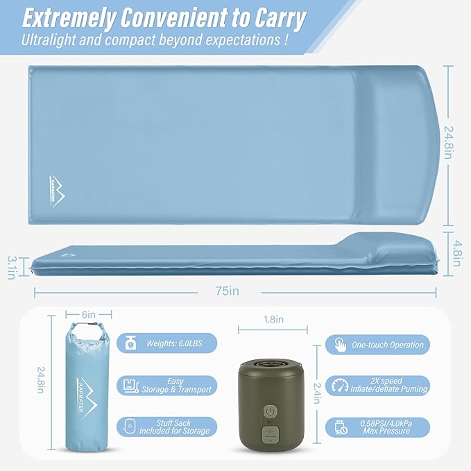 Self Inflatable Sleeping Pad, 3.1" Ultra-Thick Memory Foam Camping Pad,Fast Inflate & Deflate with Air Pump,Insulated Camping Mattress Pad for Travel, Camping, Backpacking and Hiking, All Season Use