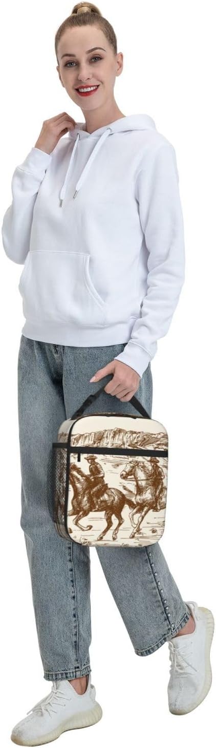 Western Desert Cowboy Vintage Insulated Lunch Bag Reusable Cooler Lunch Box Portable Leakproof Thermal Container Tote Bags for Girls Boys School Travel