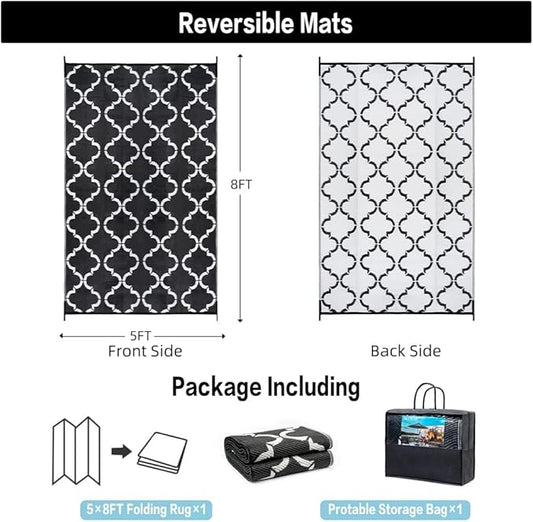 Outdoor Plastic Straw Rug, Waterproof Mat, Washable Large Floor Mat and Rug for Outdoors, RV, Beach, Patio, Camping, Backyard, Deck, Picnic, Indoor Outside (5x8ft,Lantern/Black&White)