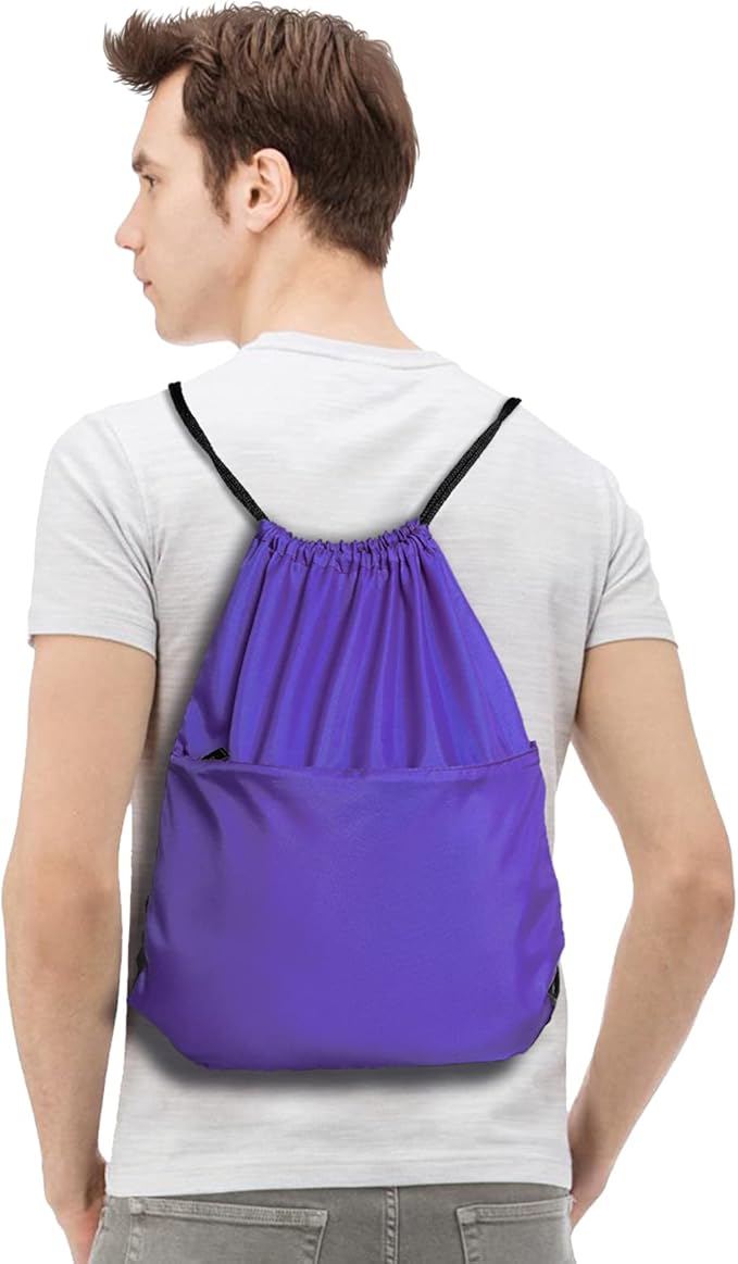 BuyAgain Drawstring Backpack Sports Water Resistant String Bag Sport Gym Sackpack for Women Men Large with Zipper, Purple