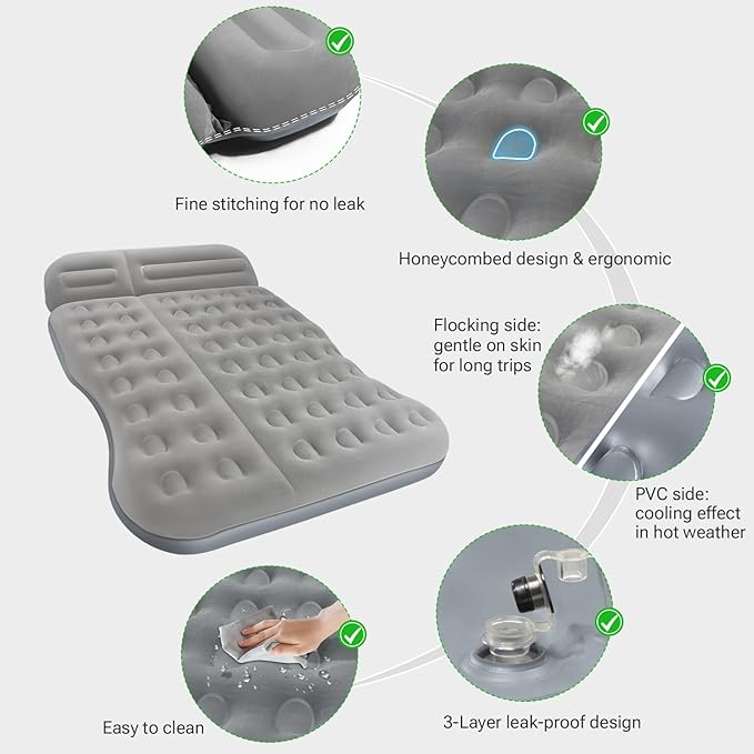 SUV Air Mattress, Thickened Flocked Camping Bed for Car Trunk & Back Seat , Includes Electric Pump & 2 Foot Pedals , Portable Inflatable car Mattress (Gray)