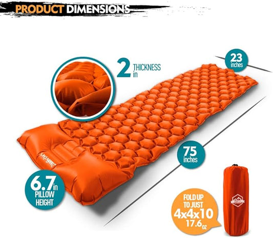 ZOOOBELIVES Ultralight Sleeping Pad with Pillow– Inflatable Camping Mat for Backpacking, Traveling and Hiking, Compact and Portable Multiple Color Options
