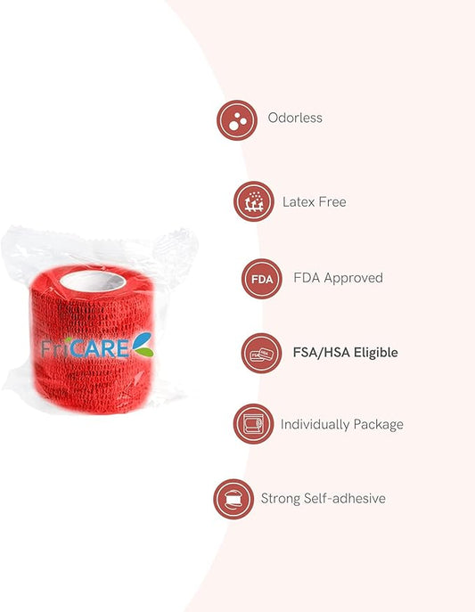FriCARE Self Adhesive Bandage Wrap, Medical Tape in First Aid Kit, Cohesive Bandages for Wounds Sport Vet, FSA/HSA Eligible, 2 Inches X 5 Yards 6 Rolls, Red