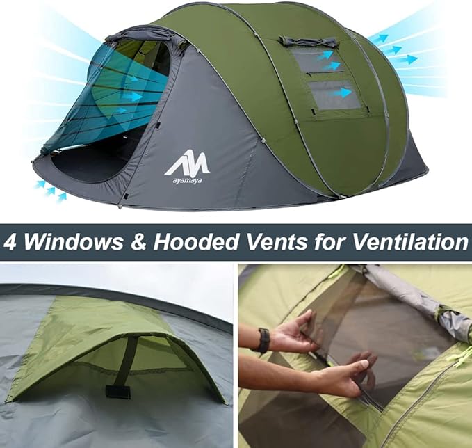 6 Person Easy Pop Up Tents for Camping - AYAMAYA Double Layer Waterproof Instant Tent with Vestibule & Porch, Large Size Family Tent Automatic Setup for 4-6 People Camping Hiking (Poles Included)