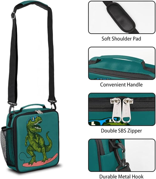 Animal Lunch Box for Kids, Surfing Dinosaur Sunglass Lunch Bag for Boys Girls, Reusable Insulated Waterproof Lunch Box with Adjustable Shoulder Strap Thermal Cooler Tote Bag for School Daycare Picnic