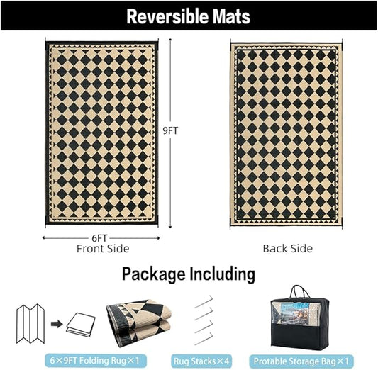 Outdoor Rug for Patios Clearance,Waterproof Mat,Large Outside Carpet,Reversible Plastic Straw Camping Rugs,Rv,Porch,Deck,Camper,Balcony,Backyard (6x9,Checkered/Black&Beige)