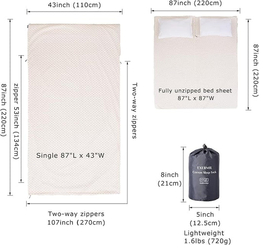100% Cotton Sleeping Bag Liner with Full Length Zipper on 3 Sides; Single/Double Adult Sleep Sack for Travel & Camping, Multifunctional Travel Sheets (Unzipped 87”x87”) for Hotel, Lightweight