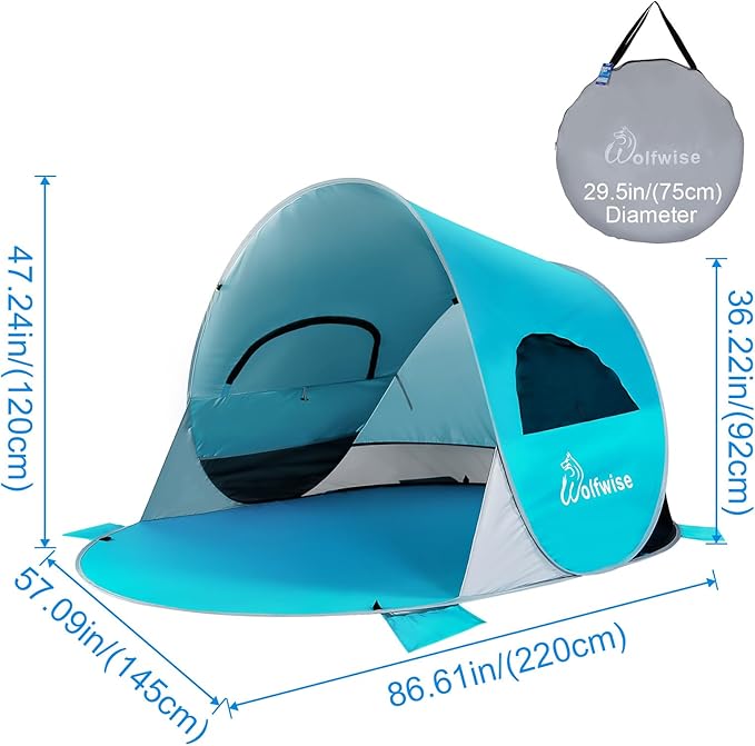 WolfWise UPF 50+ Easy Pop Up 3-4 Person Beach Tent Sport Umbrella Instant Sun Shelter Tent Sun Shade Canopy
