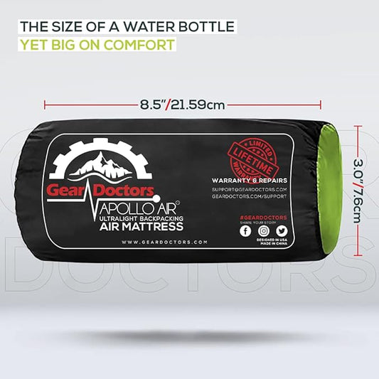 Gear Doctors Ultralight 17oz Camping Sleeping pad ApolloAir - Compact, Warm 5.2 R-Value 4 Season Air Mattress, Perfect for Backpacking, Hiking - Lightweight Inflatable & Compact Sleep Pad