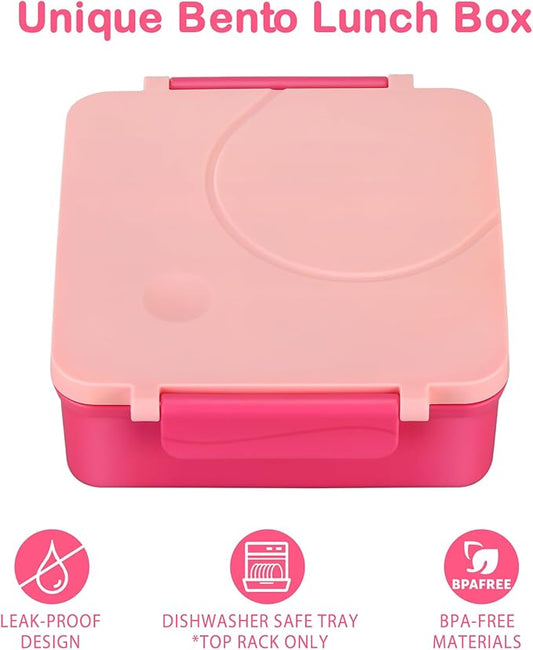 Bento Lunch Box Set for Kids with 8oz Soup Thermo, Leak-Proof Lunch Containers with 4 Compartment, Kids Thermo Hot Food Jar and Insulated Lunch Bag for Kid to School-Pink