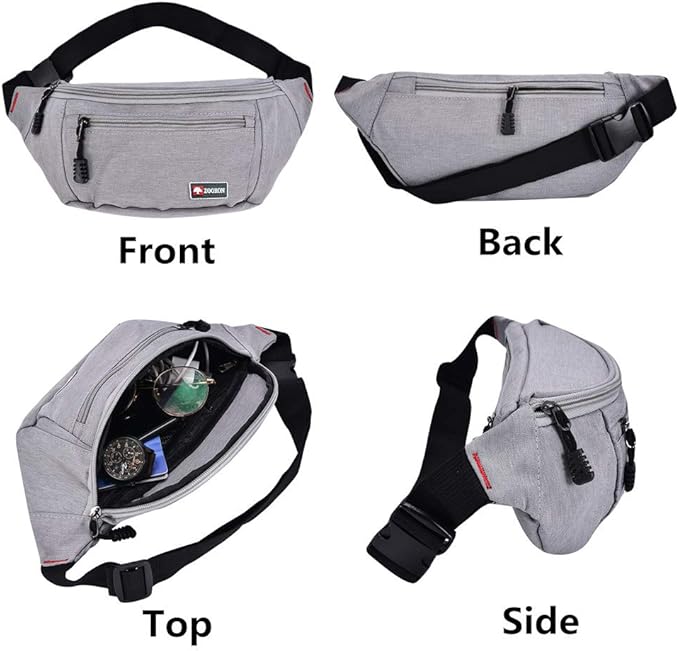 2 Packs Fanny Packs for Men and Women, Water Resistant Sports Waist Pack Bag Bum Bag for Travel Hiking Running (Black + Gray)