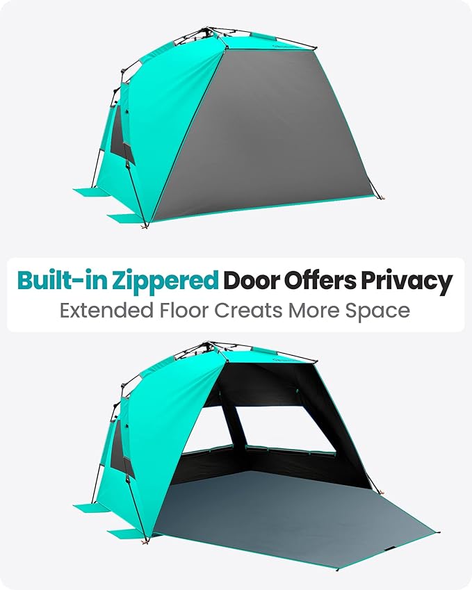 OutdoorMaster Beach Tent with Blackout Shelter Technology, Portable Beach Shade Sun Shelter Canopy for 4-6 Person with UPF 50+ UV Protection, Easy Setup Pop Up Tent Family Size