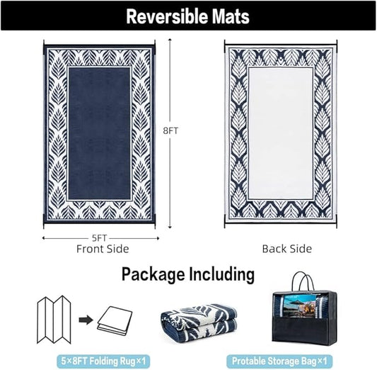 Outdoor Plastic Straw Rug, Waterproof Mat, Washable Large Floor Mat and Rug for Outdoors, RV, Beach, Patio, Camping, Backyard, Deck, Picnic, Outside (5x8ft,Olive-Leaf/Dark Blue&White)