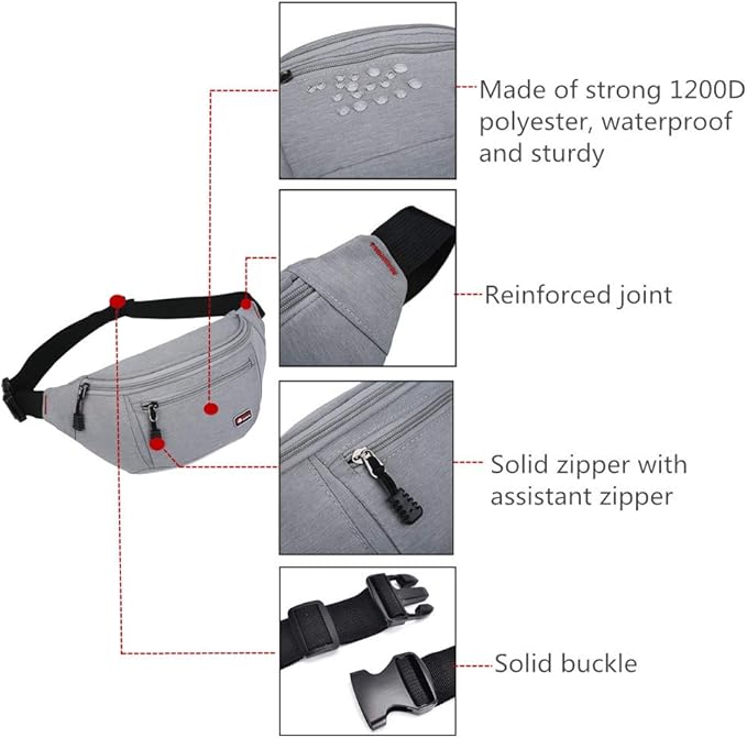 2 Packs Fanny Packs for Men and Women, Water Resistant Sports Waist Pack Bag Hip Bum Bag for Travel Hiking Running (Black + Light Blue)