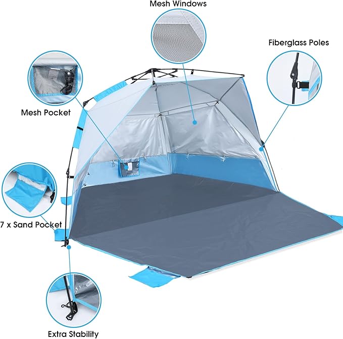 Beach Tent Instant Pop up Sun Shade Shelter for 4-6 Person with UV Protection,Extended Floor,3 Mesh Roll Up Windows with Carry Bag, Sandbags, Stakes(Sky Blue)
