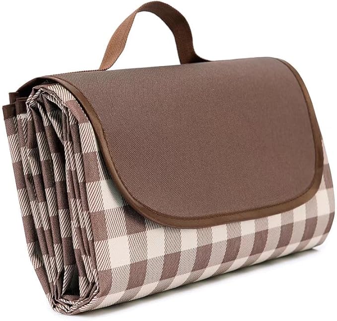 Wind Tour Family Outdoor Waterproof Durable Picnic Blankets with Carry Strap Foldable Sandproof Picnic Floor Mat for Kids Playground Camping Hiking Grass Travelling (1, Coffee Grid)