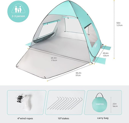 TOBTOS UPF 50+ Pop Up Beach Tent, Easy Set Up Beach Umbrella, Sun Shelter for 2-3 People UV Protection Portable Sunshade, Baby Canopy Cabana, Lightweight with Carry Bag