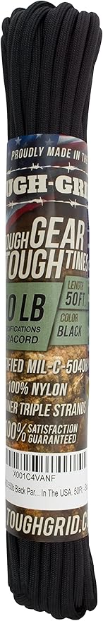 TOUGH-GRID Premium Black Paracord 550 lbs Made in USA Outdoor Survival Nylon Rope Tactical Heavy Duty Strands Parachute Cord Used by US Military Type III Mil-Spec