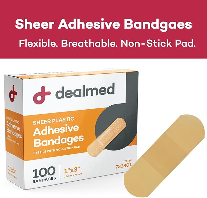 Dealmed Sheer Plastic Flexible Adhesive Bandages – 100 Count (2 Pack) Bandages with Non-Stick Pad, Latex Free, Wound Care for First Aid Kit, 1" x 3"