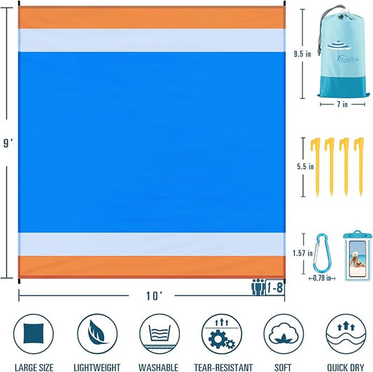 Beach Blanket Sandproof Waterproof 10'×9' 1-8 Adults Oversized,Compact Lightweight Durable Beach Mat for Travel Camping Hiking Picnic Blanket