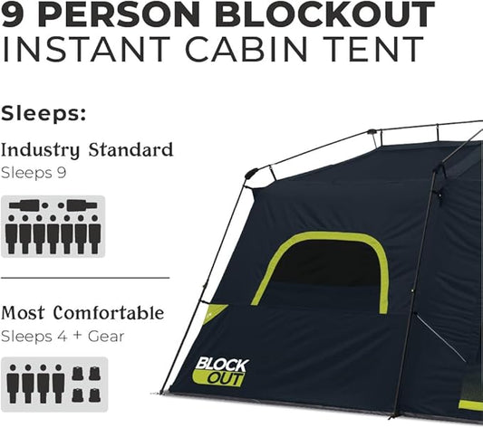 CORE Blackout Instant Cabin Tent | Large Family Pop Up Dark Room Tent with Easy Camp Setup | Included Storage Pockets for Outdoor Camping Accessories
