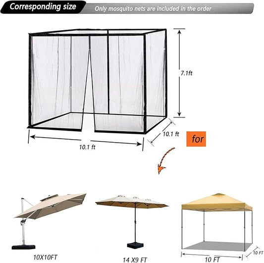 10x10 Mosquito Netting for Patio Camping Gazebo/Pop Up Canopy Tent,Double Door Side Screen Easy Installation Black(Only Mosquito Net No Frame) (Around 10x10FT)