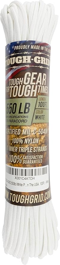 TOUGH-GRID Premium White Paracord 550 lbs Made in USA Outdoor Survival Nylon Rope Tactical Heavy Duty Strands Parachute Cord Used by US Military Type III Mil-Spec