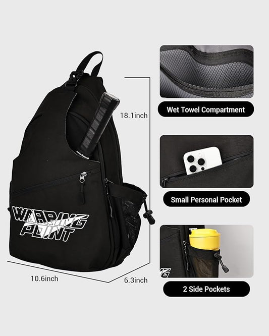 Warping Point Pickleball Bag, Adjustable Large Capacity Pickleball Crossbody Backpack for Women Men, Sling Padel Bag Hold 2 to 4 Paddles with Multiple Compartments, Wet & Safety Pocket Fence Hook