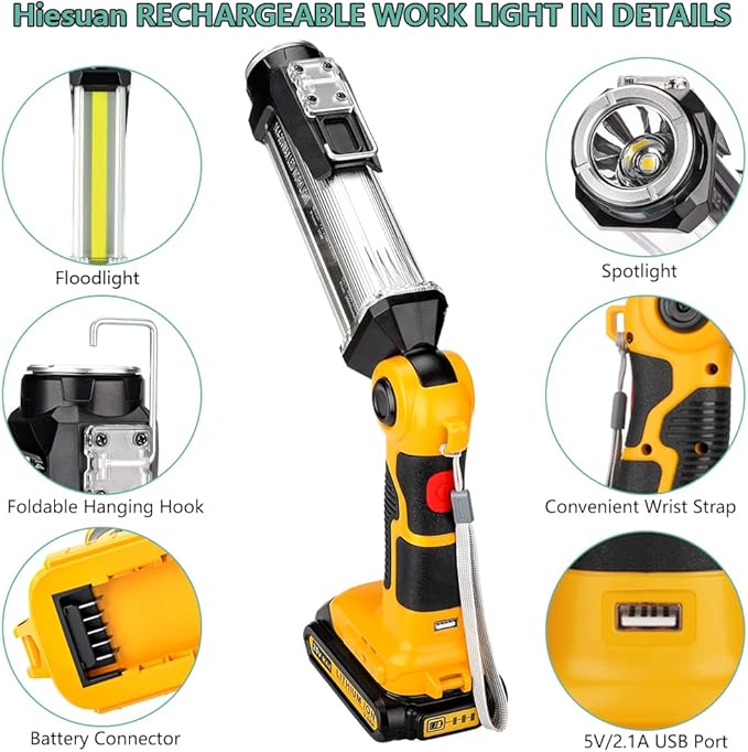 Flashlight for Dewalt 20v Battery, 35w 2000LM Portable Light with 3 Modes Lighting, USB-A Charging Port, Hook for Car Repairing, Garage, Jobsite, Power Outages