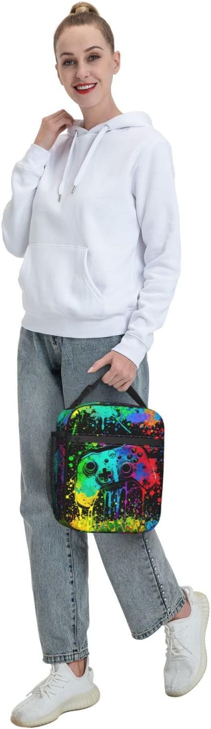 Video Game Controller Insulated Lunch Bag, Colorful Abstract Artist Painting Lunch Box for Boys Girls Kids, Portable Reusable Zipper Lunch Box for Men Women School Work Travel