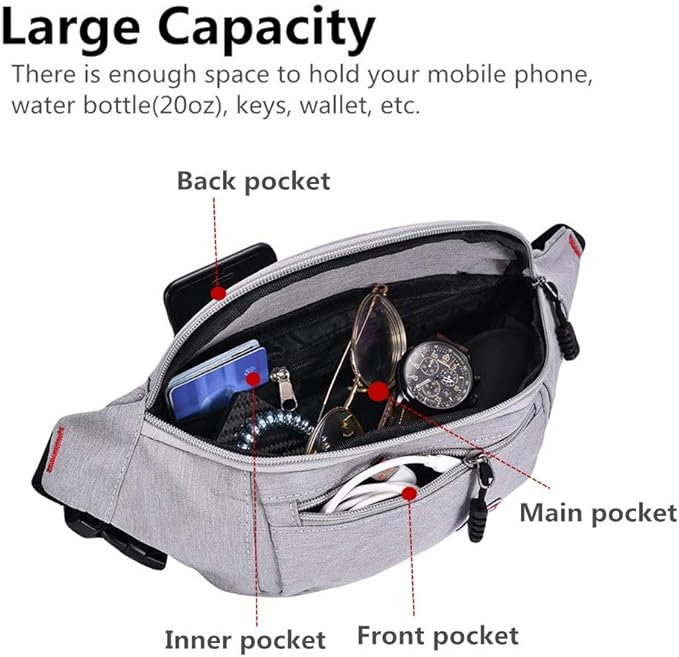 2 Packs Fanny Packs for Men and Women, Water Resistant Sports Waist Pack Bag Bum Bag for Travel Hiking Running (Black + Gray)
