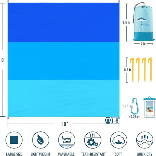 Beach Blanket Sandproof Waterproof 10'×9' 1-8 Adults Oversized,Compact Lightweight Durable Beach Mat for Travel Camping Hiking Picnic Blanket