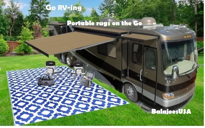 BalajeesUSA Recycled Outdoor Plastic Patio Rugs Clearance Waterproof RV Camper Rug Large Reversible mats 6'x9' Blue & White 20317