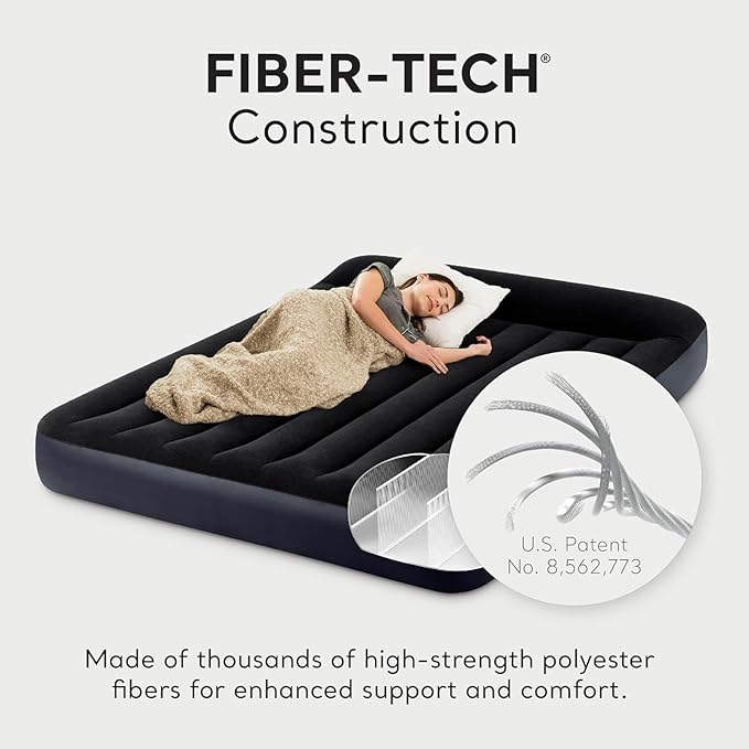 Intex 64765E Dura-Beam Standard Classic Air Mattress with Inflatable Pillows: Fiber-Tech - Queen Size - Hand Pump - 10in Bed Height - 600lb Weight Capacity
