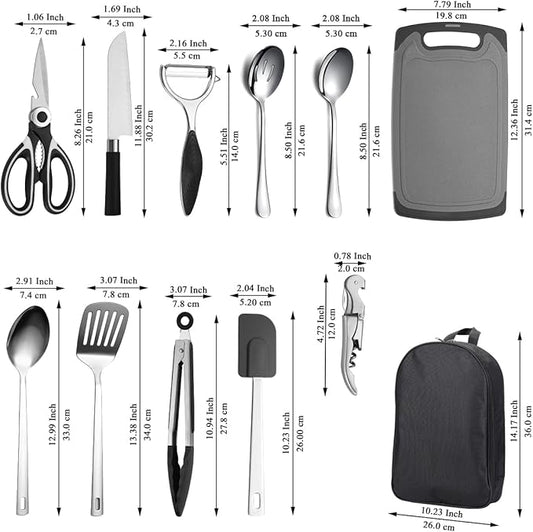 Camping Essentials, Evanda Camping Cooking Utensils, Travel Essentials, Portable Camping Kitchen Utensil Set for Travel, Picnics, RVs, Camping, BBQs, Parties
