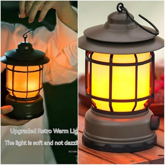 Rechargeable Camping Lantern, Flame Decorative Table Lamp, 2 Modes LED Light with Hook,Dimmable Vintage Style,Portable Waterproof Camping Light for Indoor/Outdoor Use
