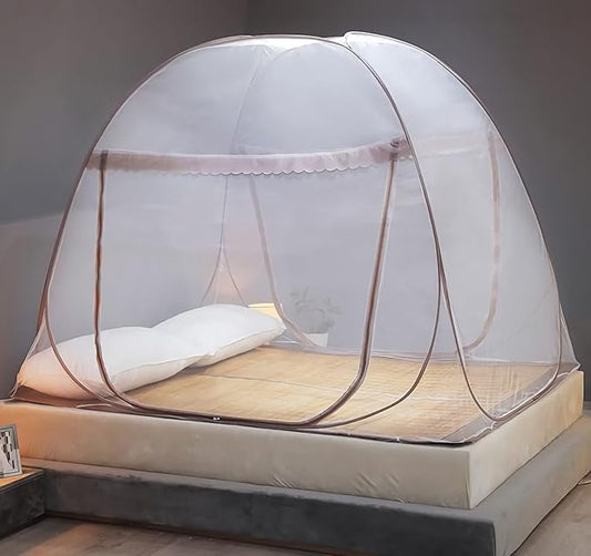 Mosquito Net for Bed, Folded Size 12 inch Portable Camping Travel Mosquito Net, Pop Up Mosquito Tent with Double Entry for King Queen Size Bed (Brown, 71"x79"x59")