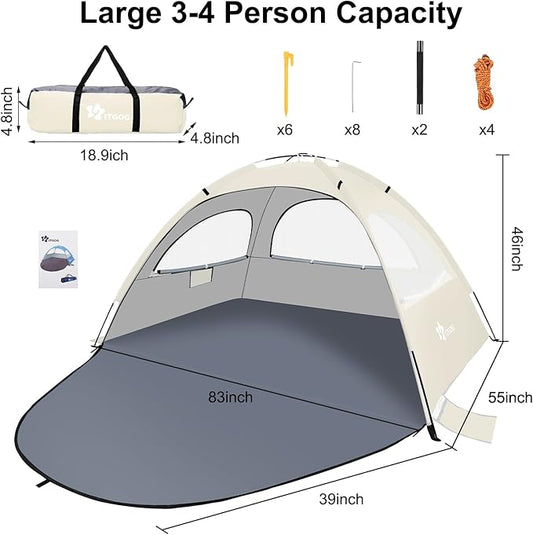 Beach Tent Sun Shelter for 3-4Person, Lightweight Beach Tent with UV Protection, 3 Mesh Roll Up Windows & 8.0mm Fiberglass, Easy Assemble