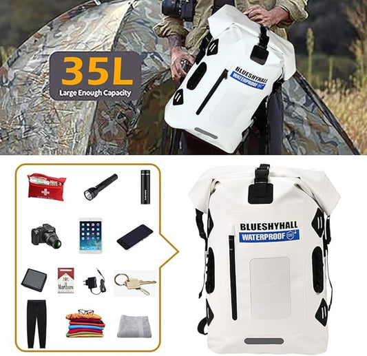 Blueshyhall 35L Waterproof Dry Backpack, Outdoor Travel Roll Top Closure Water Repellent Duffle Storage Sack for Kayaking Rafting Boating Fishing Camping and Beach - White