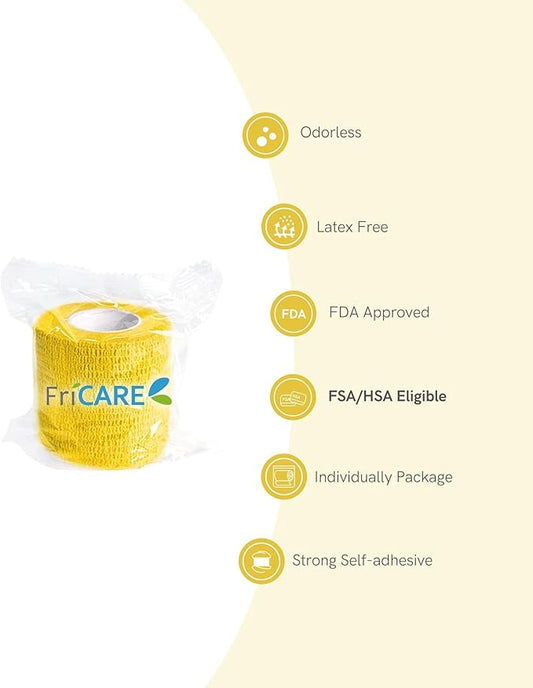 FriCARE Self Adhesive Bandage Wrap, Medical Tape in First Aid Kit, Cohesive Bandages for Wounds Sport Vet, FSA/HSA Eligible, 2 Inches X 5 Yards 6 Rolls, Yellow