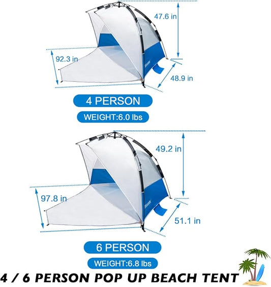 Beach Tent Pop Up Shade, Instant Beach Tents Sun Shelter with UPF 50+ UV Protection, Lightweight & Easy Setup Tent 2-6 Person