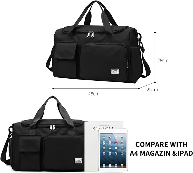 Travel Duffel Tote Bag with Dry Wet Separation Pocket, Weekender Bag for Women and Men,Waterproof Bag with Shoe Compartment Lightweight and Easy Carry on Black