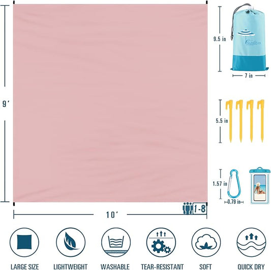 Beach Blanket Sandproof Waterproof 10'×9' 1-8 Adults Oversized,Compact Lightweight Durable Beach Mat for Travel Camping Hiking Picnic Blanket