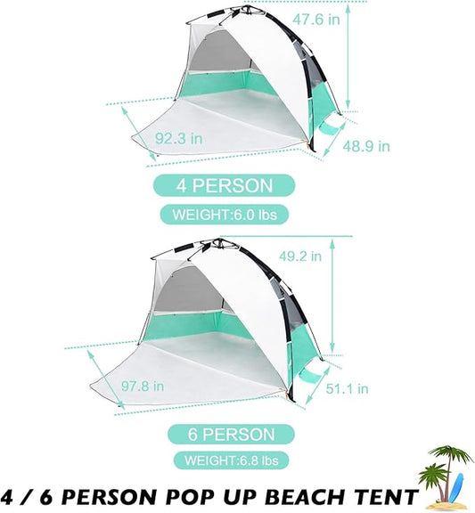 Beach Tent Pop Up Shade, Instant Beach Tents Sun Shelter with UPF 50+ UV Protection, Lightweight & Easy Setup Tent 2-6 Person