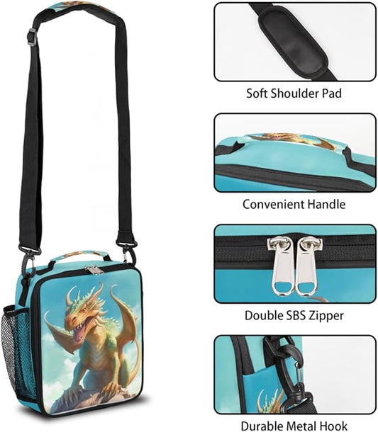 Dragon Lunch Box for Kids, Watercolor Animal Dragon Lunch Bag for Boys Girls, Reusable Insulated Waterproof Lunch Box with Adjustable Shoulder Strap Thermal Cooler Tote Bag for School Daycare Picnic