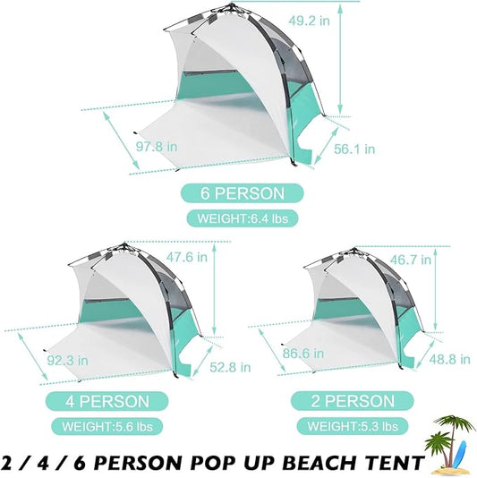 Beach Tent Pop Up Shade, Instant Beach Tents Sun Shelter with UPF 50+ UV Protection, Lightweight & Easy Setup Tent 2-6 Person