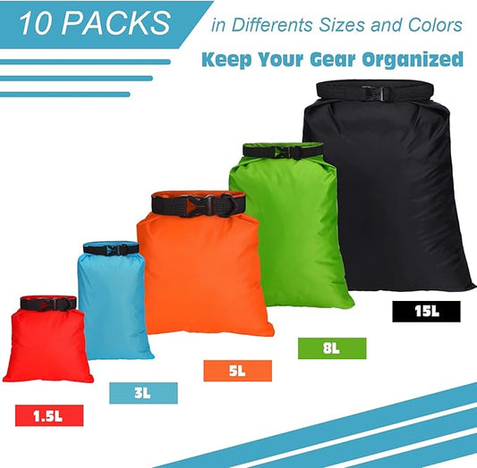 LEIFIDE 10 Pcs Ultralight Dry Bags Waterproof Lightweight Airtight Bags Ripstop Camping Gear Dry Sack Portable Roll Top Dry Pack for Backpacking Kayaking Hiking Swimming Boating Outdoor, 5 Sizes